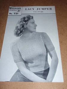Vintage Weldons 2 Ply Knitting Pattern 721 Lady's Jumper 31.5/34" - Picture 1 of 2