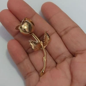 Vintage MONET 3D Rose Flower Stem Brooch Pin Gold Tone - Picture 1 of 7