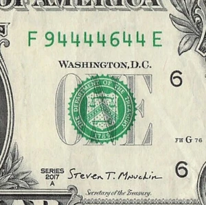 Six of a Kind 4s Fancy Serial Number One Dollar Bill F94444644E Trinary 9s 6s - Picture 1 of 11