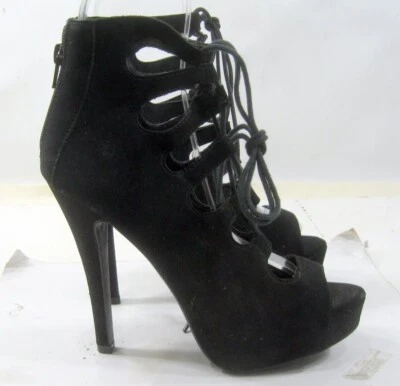 Sapatos femininos Wild Diva preto 5,5" salto agulha alto com cadarço peep toe tamanho 7,5 - Imagem 1 de 4