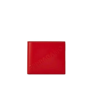 Ferragamo Men's Embossed Logo Flame Red Leather 8 Card Bifold Wallet $595! - Picture 1 of 2