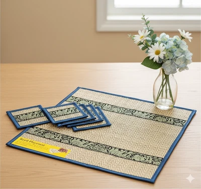 Thai Papyrus Woven Plate Mats & Coasters for Party Dinning Set Blue Color 1 pack - Image 1 of 4