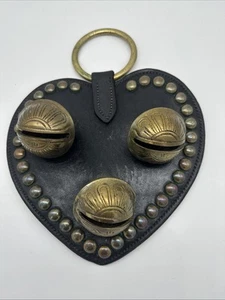 Vintage Studded Leather Brass Bells Horse Heart Harness Bridle Strap Pendant - Picture 1 of 10