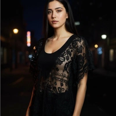 Jen’s Pirate Booty Negro Transparente Bordado Encaje Top Cachicho Romántico Talla S Foto 1 de 4