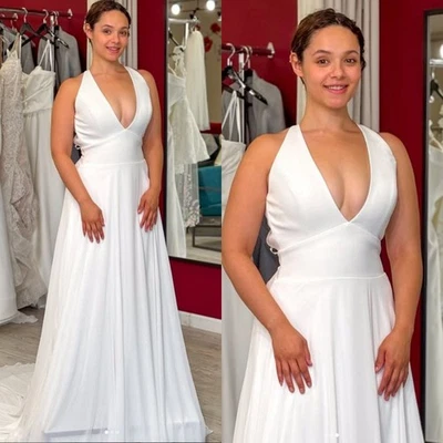 White Wedding Dresses Halter Neck Sleeveless Ivory V Neck Chiffon Bridal Gowns - Image 1 of 4