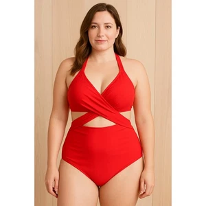 Womens Swimsuit Size L Red One Piece Halter Crisscross Resortwear Beach Summer - Picture 1 of 4