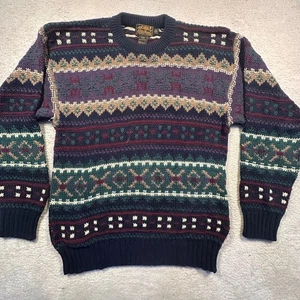 Vintage Eddie Bauer Cotton Knit Sweater Fair Isle Multicolor Men's L Made in USA - Picture 1 of 8