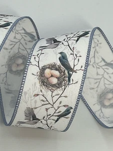 2.5" Birds and Nests on Off White Ribbon Slate Blue for wreaths & bows 5 Yards - Picture 1 of 1