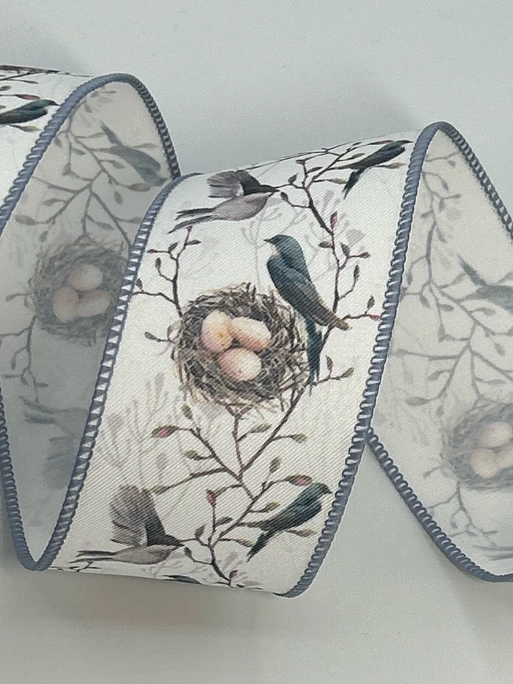 2.5" Birds and Nests on Off White Ribbon Slate Blue for wreaths & bows 5 Yards - Image 1 of 1