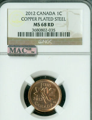 2012 CANADA CENT NGC MS68 RD MAGNETIC STEEL LAST YEAR ISSUE RARE MAC SPOTLESS . - Image 1 of 4