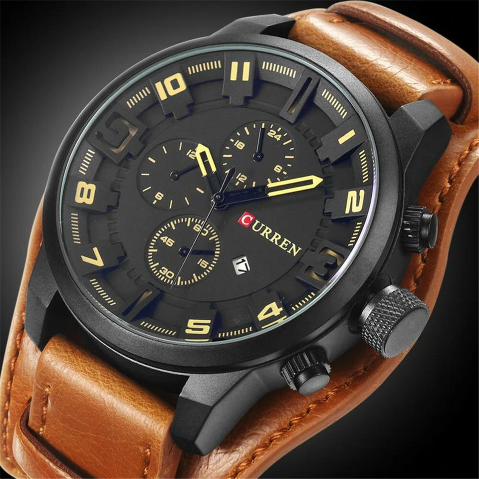 CURREN Men Military Quartz Watch Large Dial Casual Leather Strap Male Wristwatch Foto 1 de 1