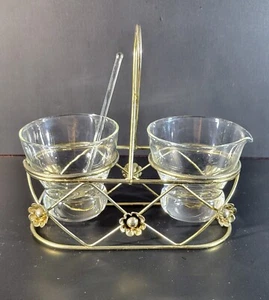Vintage Clear Depression Glass Sugar Bowl & Creamer Glass Spoon Metal Carrier - Picture 1 of 22
