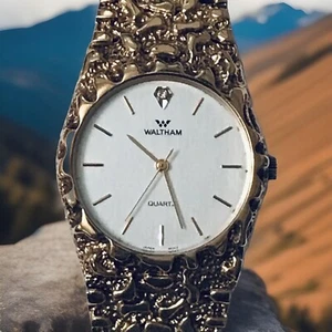 WALTHAM QUARTZ GOLD-PLATED GOLD NUGGET UNISEX WATCH FITS 8” WRIST - Picture 1 of 12