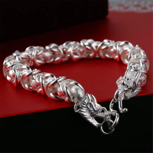 Pure S999 Fine Silver Chain Dragon Head 8-9mm Byzantine Thailand Link Bracelet - Picture 1 of 6