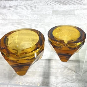 Viking Orb Amber Glass Ashtray 2 Pcs Lot Vintage MCM Mid Century Modern Sphere - Picture 1 of 12