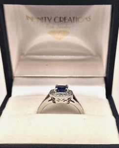 14K White Gold Halo Ring with 0.68ct Princess Cut Blue Sapphire, 0.32 ct diamond - Picture 1 of 6