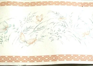  WALLPAPER BORDER Butterfly Blue Grass Coral Peach Cream 299 New - Picture 1 of 3