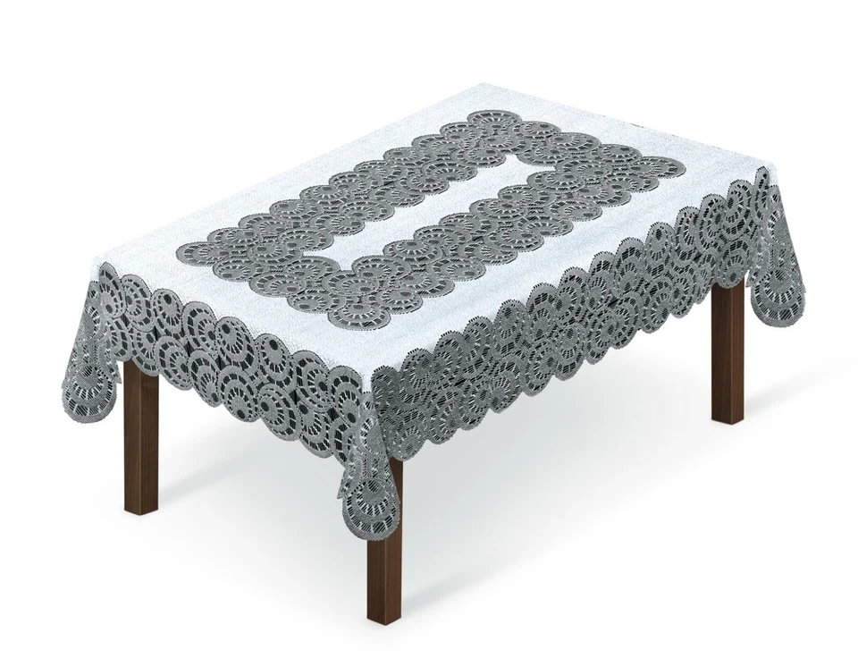 Tablecloth lace cream/dark gold or white/grey (150x240cm) 59"x 94" rectangular - Image 1 of 1