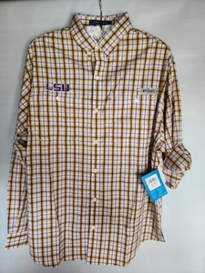 New Columbia Shirt Mens XL LSU Tigers PFG Super Tamiami Vented Plaid Outdoor NWT - Picture 1 of 7