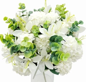 4 Bundles Artificial 20 Chrysanthemum Balls with Lily Flowers Fake Silk White - Picture 1 of 6