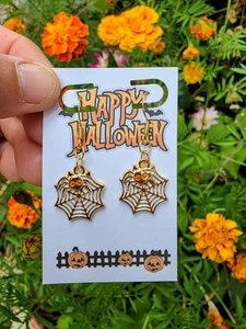 Pendientes Telaraña con Araña Naranja | Joyería Gótica Halloween Fiesta Regalo - Imagen 1 de 4