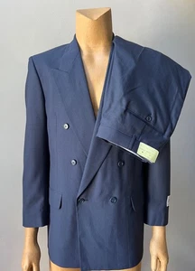 Retro Double Breasted Wool Stripe Men’s NWT 2 Pc Navy Blue 36w Pants Suit 42L - Picture 1 of 7