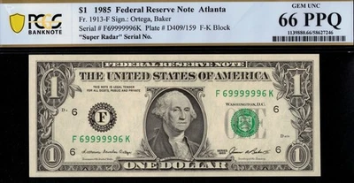 1985 $1 FRN F69999996K P.C.G.S #66PPQ - Image 1 of 3