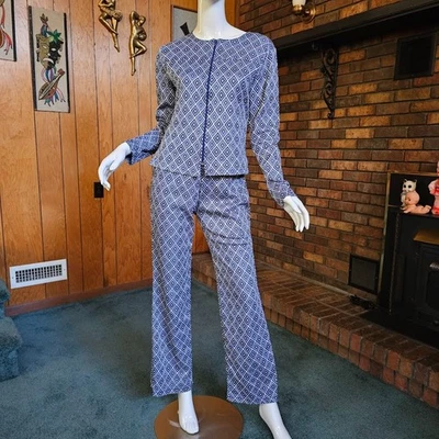 Vtg 70s Mod Youthquake Op Art Diamond Geo Knit Flared Slim Pants Suit Pantsuit M - Image 1 of 4