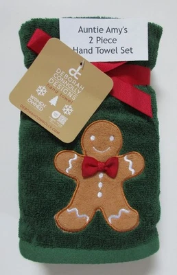 Deb Connolly Hunter Green Hand Towels 2PC Gift Set Christmas Gingerbread Man - Image 1 of 4