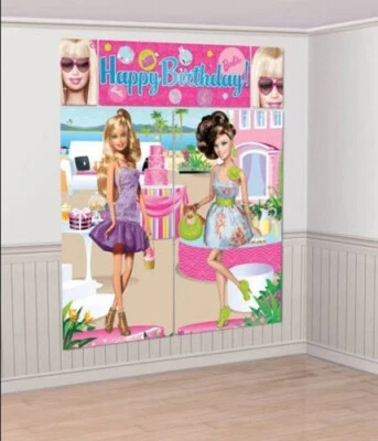 BARBIE DOLLS ALL DOLL'D UP Scene Setter HAPPY BIRTHDAY party wall photo BACKDROP - Image 1 of 2