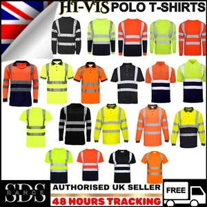 Hi Vis Viz Polo T-Shirt Long & Short Sleeves High Visibility Security Work Top - Picture 1 of 26