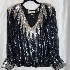 Dominique Vtg Feather Sequin Top L Silver Black Holiday Long Sleeve Silk Edgy - Picture 1 of 7