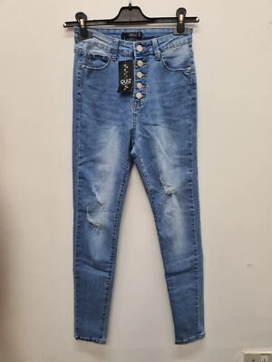 Pantalón de mezclilla ajustado azul ajustado cintura alta rasgado QUIZ para damas Reino Unido 8 Foto 1 de 4