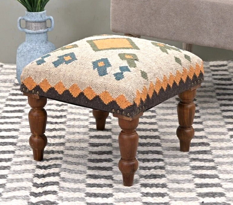 Handcrafted Wool & Jute Kilim Ottoman | Decorative Upholstered Pouf | Footstool - Image 1 of 4