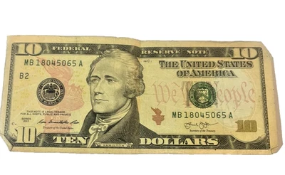 Fancy Serial $10 US Bill SERIES 2013 - Circulated w/ Cut Corner Anomaly - Image 1 of 4