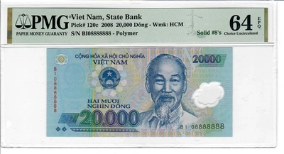 VIETNAM  20000  DONG  # 888888   POLYMER  SOLID 8's UNC VIETNAMESE 2008 BANKNOTE - Image 1 of 2