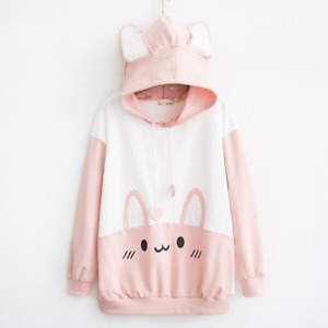 Women Hooded Sweatshirt Hoodies Pullover Tops Pink Bunny Ear Lovely Kawaii Warm