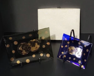 2 MCM Rotary International Glass Enameled Trays Globe Gold Starburst In Box - Picture 1 of 11