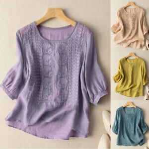 Women T-Shirt Floral Embroidery Crochet Blouse 3/4 Sleeve Tops Casual Pullover