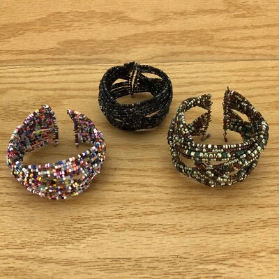 Lot of 3 Seed Bead Braided Cuff Bracelets Black & Multicolor & Green / Amber - Image 1 of 4