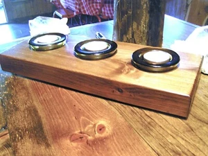 SALE! Wood slab candle holder, COMPLETE set with 3 amber glass votives #330 - Picture 1 of 5