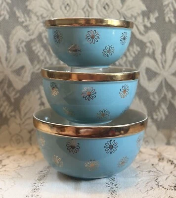 Juego de cuencos apilables vintage Halls Superior China años 50 oro margarita y turquesa Foto 1 de 4