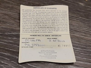 Raymond Weil International Guarantee Certificate Booklet vintage dealer card  - Picture 1 of 2