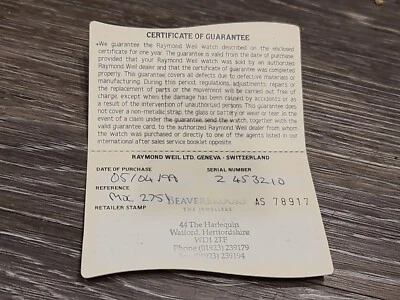 Raymond Weil International Guarantee Certificate Booklet vintage dealer card  - Image 1 of 2