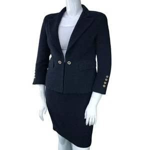 Carolina Herrera Womens Size 10/12 Skirt Suit Set Wool Single Breasted Navy Blue - Picture 1 of 23