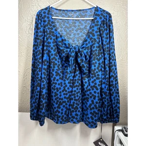 NWT Ava & Viv Shirt Womens Plus Blue Black Polka Dot Long Sleeve Sweetheart 1X - Picture 1 of 4