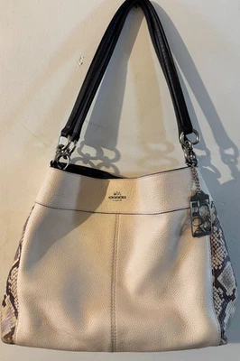 Coach Lexy Shoulder Bag White Pebbled Leather Snakeskin Embossed & Black #F57505 - Image 1 of 4