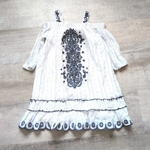 Hannah Banana Dress Blue White Floral Cold Shoulder Half Sleeve size 7 - Picture 1 of 7