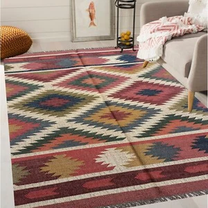 Kilim Rug Jute Wool Rug Oriental Rug Boho Yoga Dhurrie Kilim Rug woven Area Rug - Picture 1 of 6