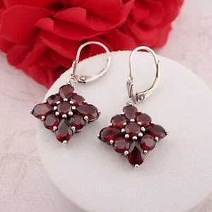 Vintage 1990's 2+ Carat Red Garnet Flower Sterling Silver Leverback Earrings - Picture 1 of 7